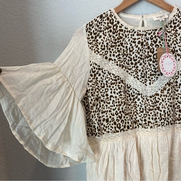 NWT Umgee Cream Animal Print Boho 100% Cotton Blouse - Size M - Picture 4 of 6